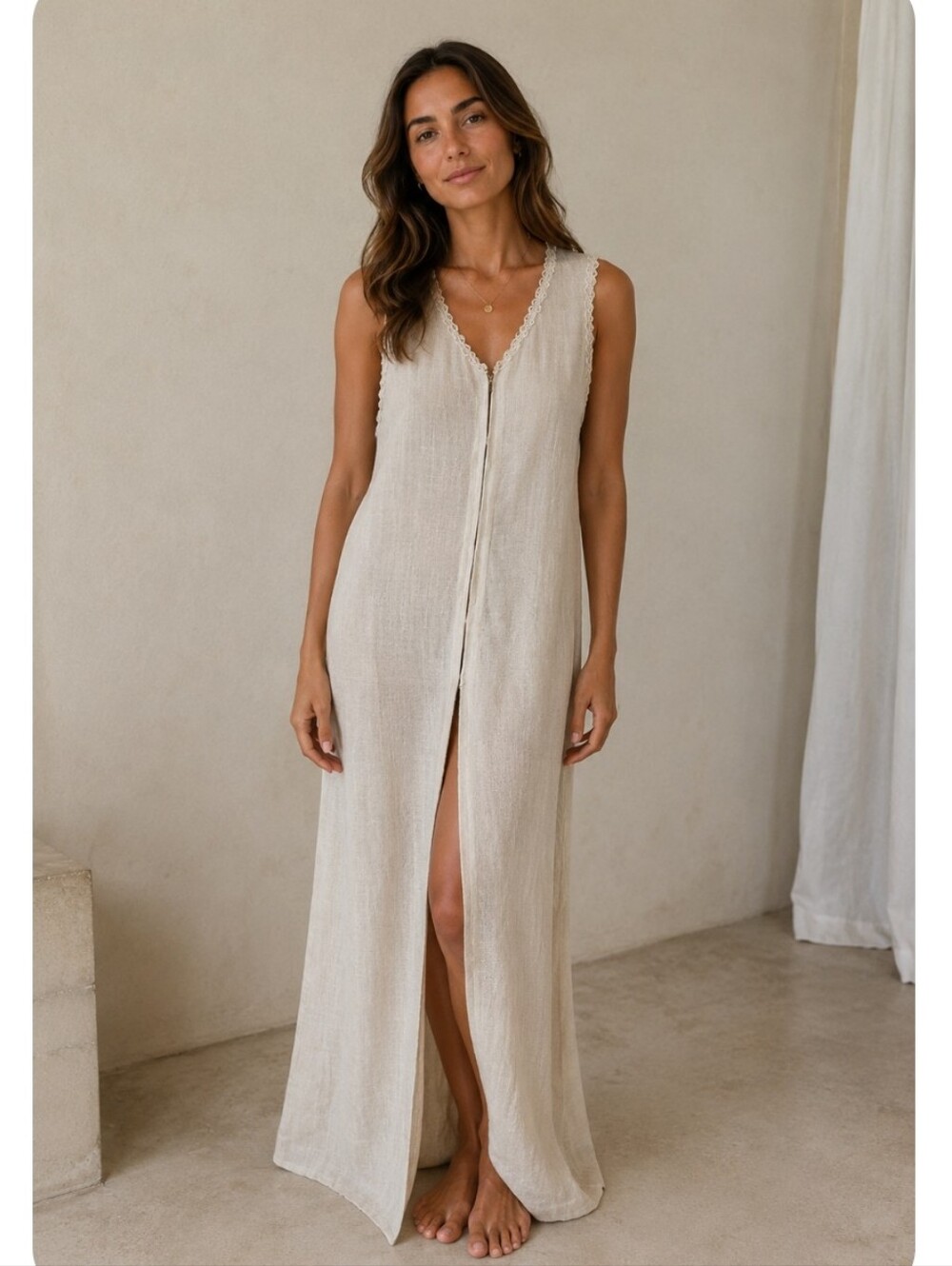 Lamesa Women's Handcrafted 100% Half-Zip Sleeveless Long Duster Boho Nutural